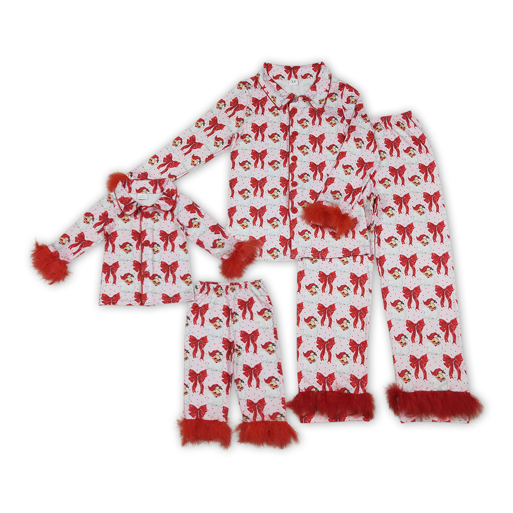 Santa Red Bows Print Mom and Me Matching Christmas Buttons Fur Pajamas Family Clothes Set