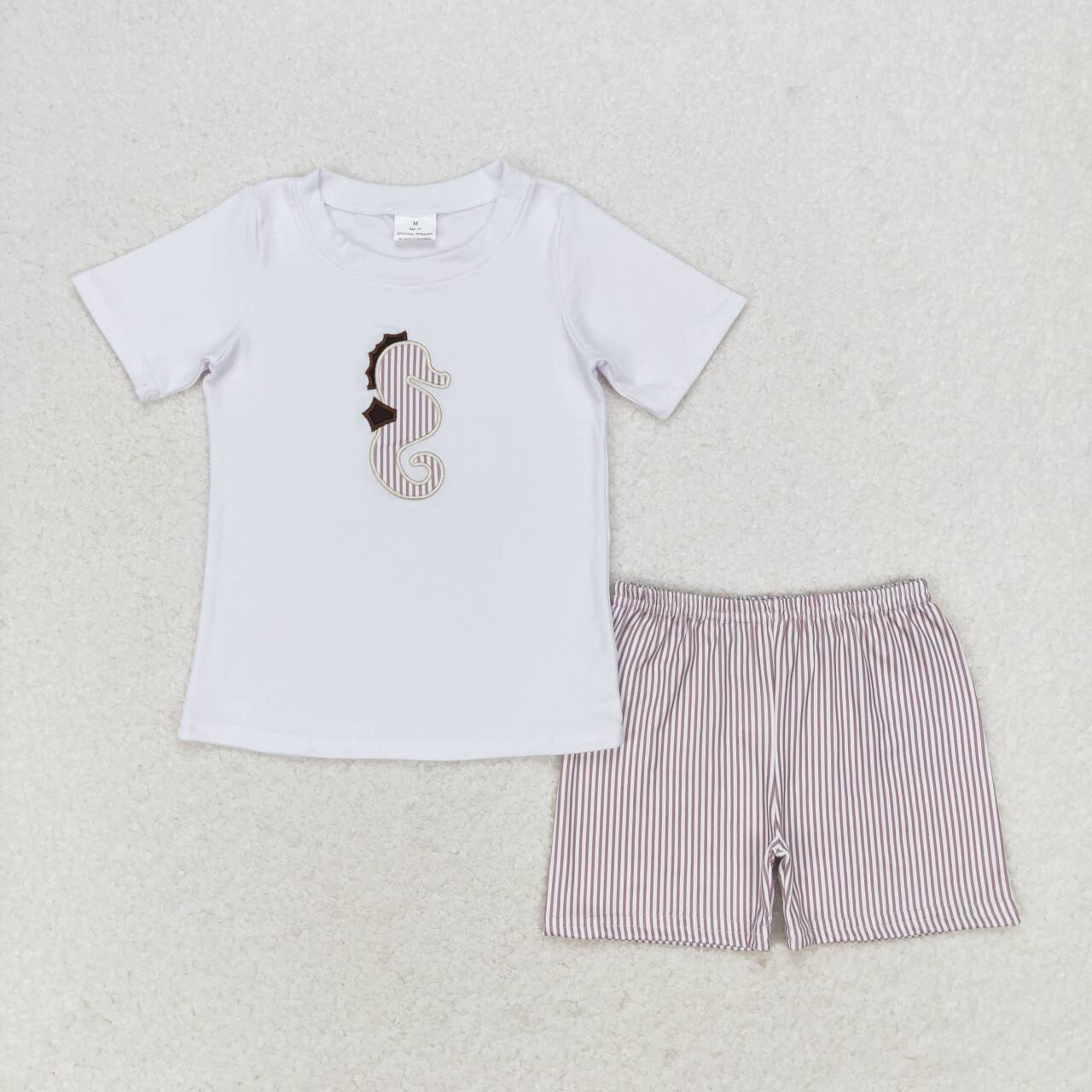 BSSO0837 Seahorse Embroidery Top Khaki Shorts Boys Summer Clothes Set