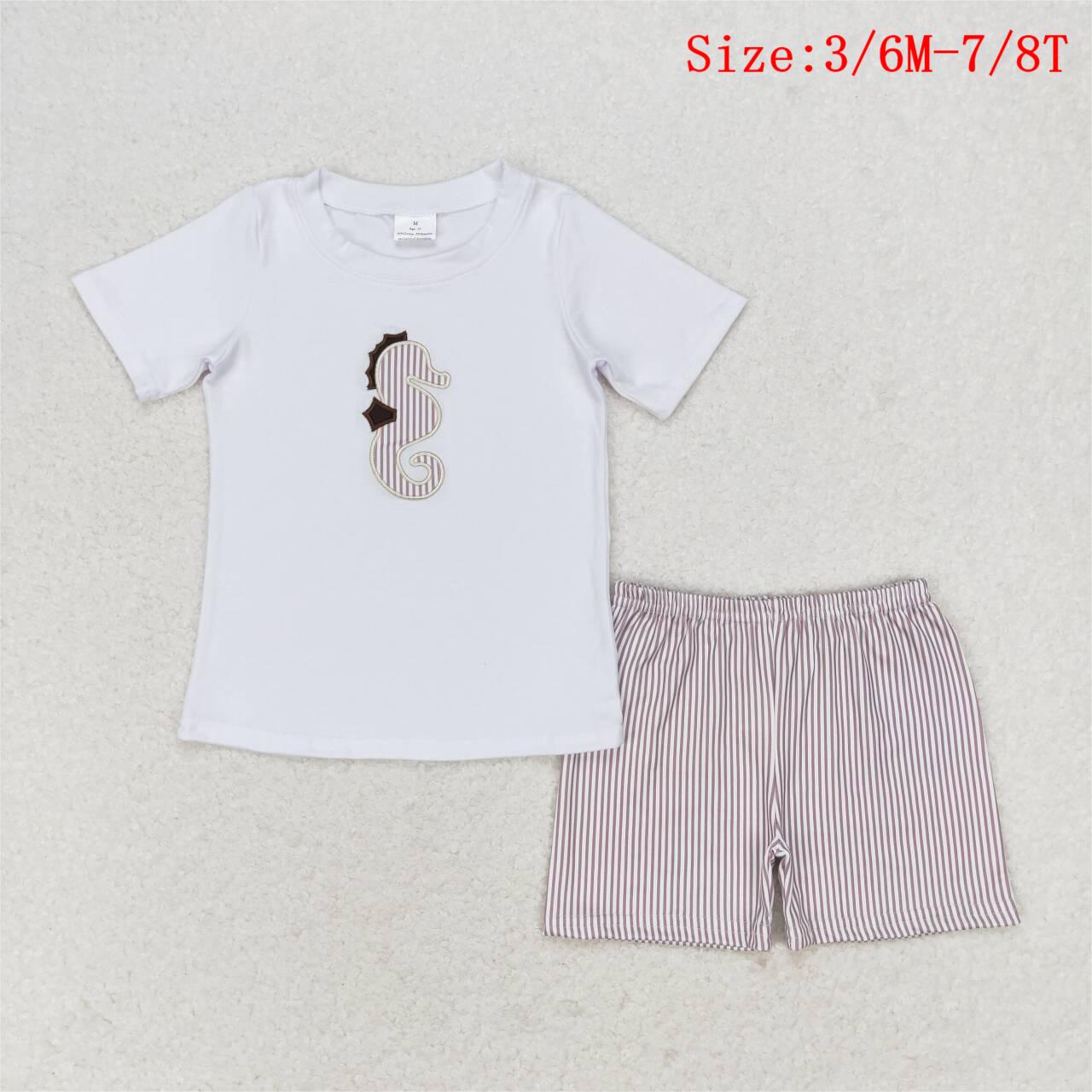 BSSO0837 Seahorse Embroidery Top Khaki Shorts Boys Summer Clothes Set