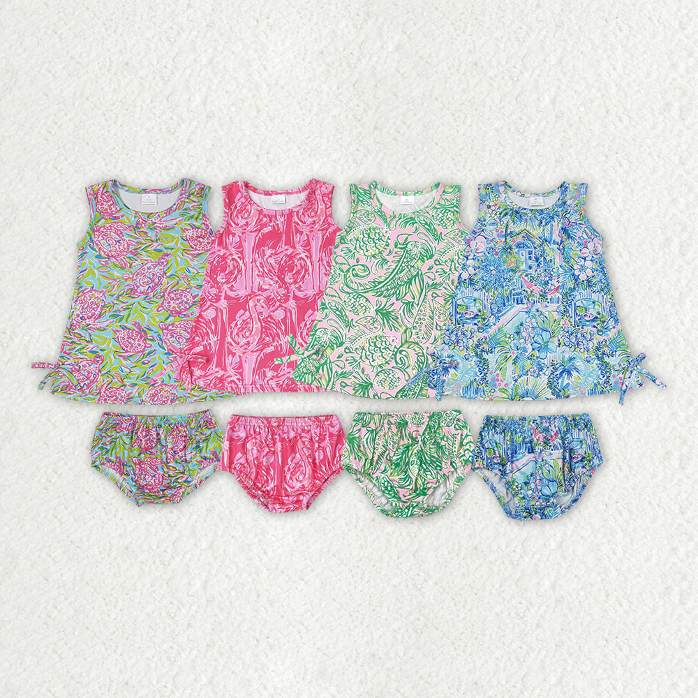 4 Colors Seaweed Print Baby Girls Summer Bummie Set Sisters Wear