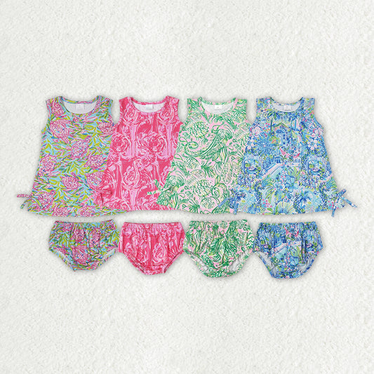 4 Colors Seaweed Print Baby Girls Summer Bummie Set Sisters Wear