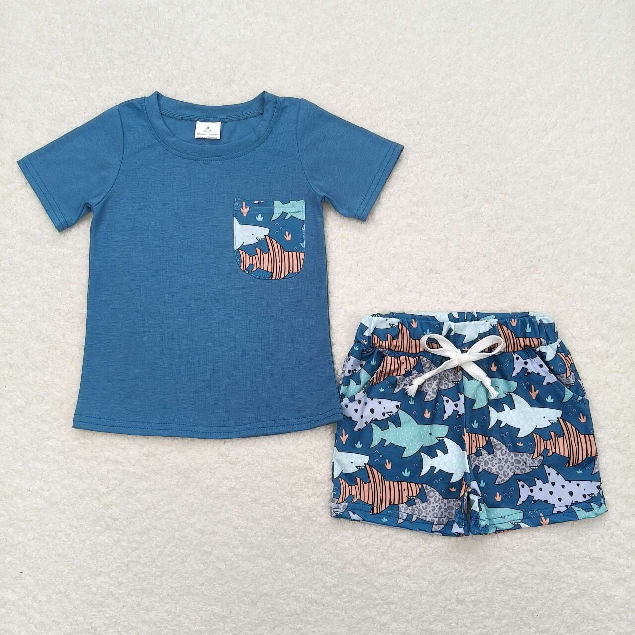BSSO0830 Dark Blue Pocket Top Shark Shorts Boys Summer Clothes Set