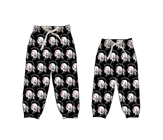 (Custom Design Preorder MOQ 5 Each Design) Team's Shawnee Indians Black Print Joggers Bottom Pants Mom and Me Matching Clothes
