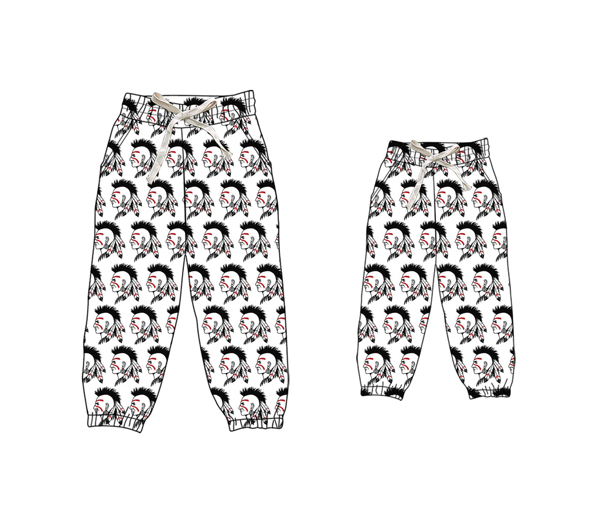 (Custom Design Preorder MOQ 5 Each Design) Team's Shawnee Indians White Print Joggers Bottom Pants Mom and Me Matching Clothes