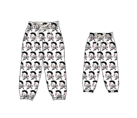 (Custom Design Preorder MOQ 5 Each Design) Team's Shawnee Indians White Print Joggers Bottom Pants Mom and Me Matching Clothes