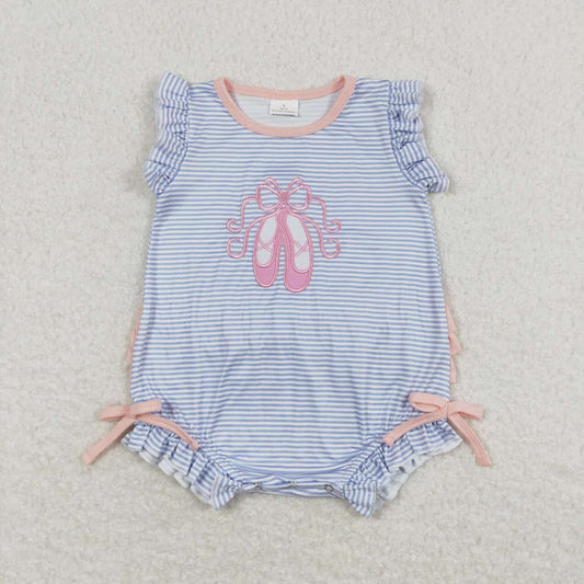 SR0931 Blue Stripes Dance Shoes Embroidery Baby Girls Summer Romper