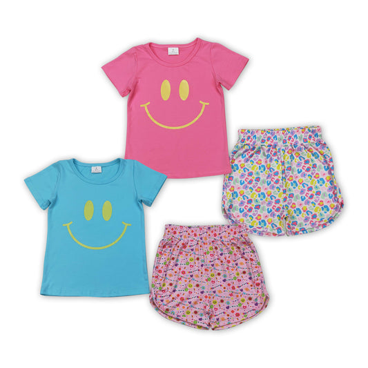 Smiling Face Vinyl Top Flowers Shorts Girls Summer Clothes Set Sisters Wear