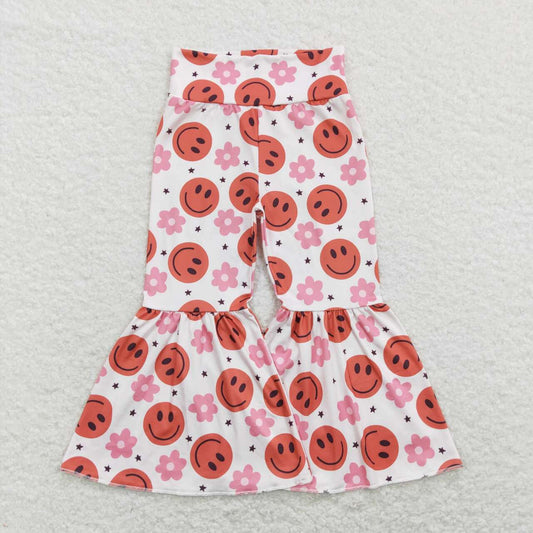 P0363 Pink Flowers Smiling Print Bell Bottom Pants