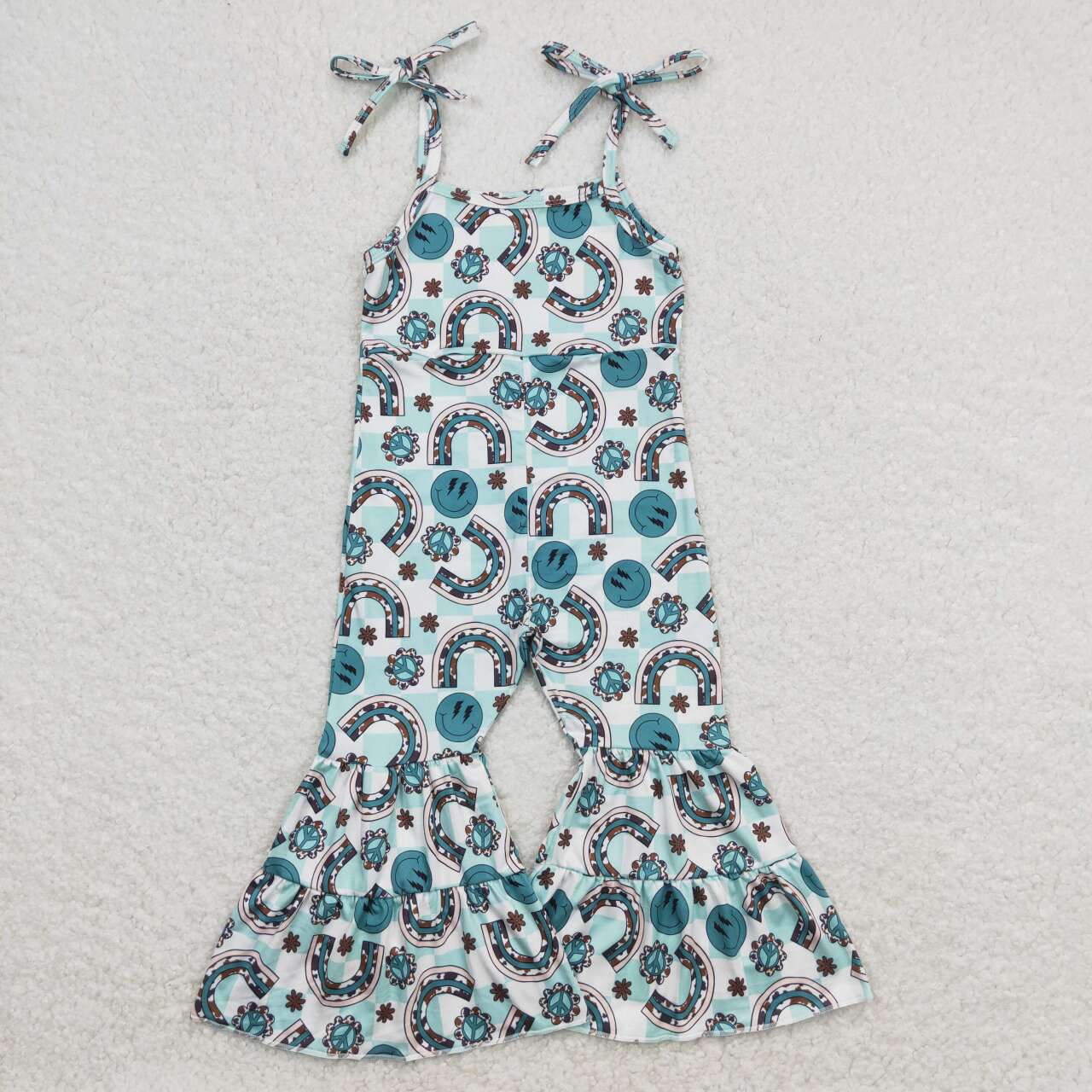 SR1018 Green Smiling Face Rainbow Print Girls Summer Strap Jumpsuits