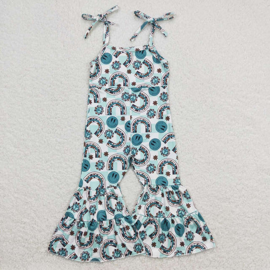 SR1018 Green Smiling Face Rainbow Print Girls Summer Strap Jumpsuits