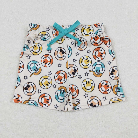 SS0192 Smiling Face Plaid Print Boys Summer Shorts