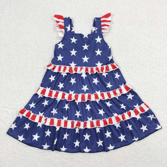 GSD0681 Stars Print Ruffles Girls 4th of July Knee Length Dress