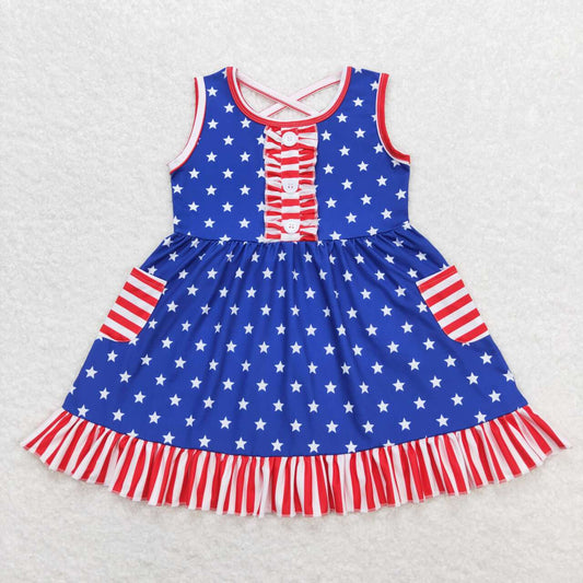 GSD0976  Stars Print Pockets Girls 4th of July Knee Length Dress