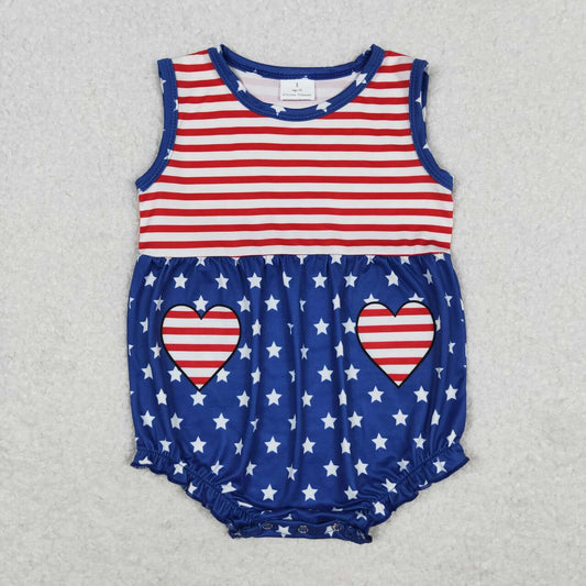 SR1444  Stars Stripes Heart Print Baby Girls 4th of July Romper