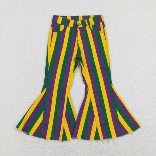 P0327 Purple yellow green stripes denim girls bell bottom jeans Mardi Gras pants