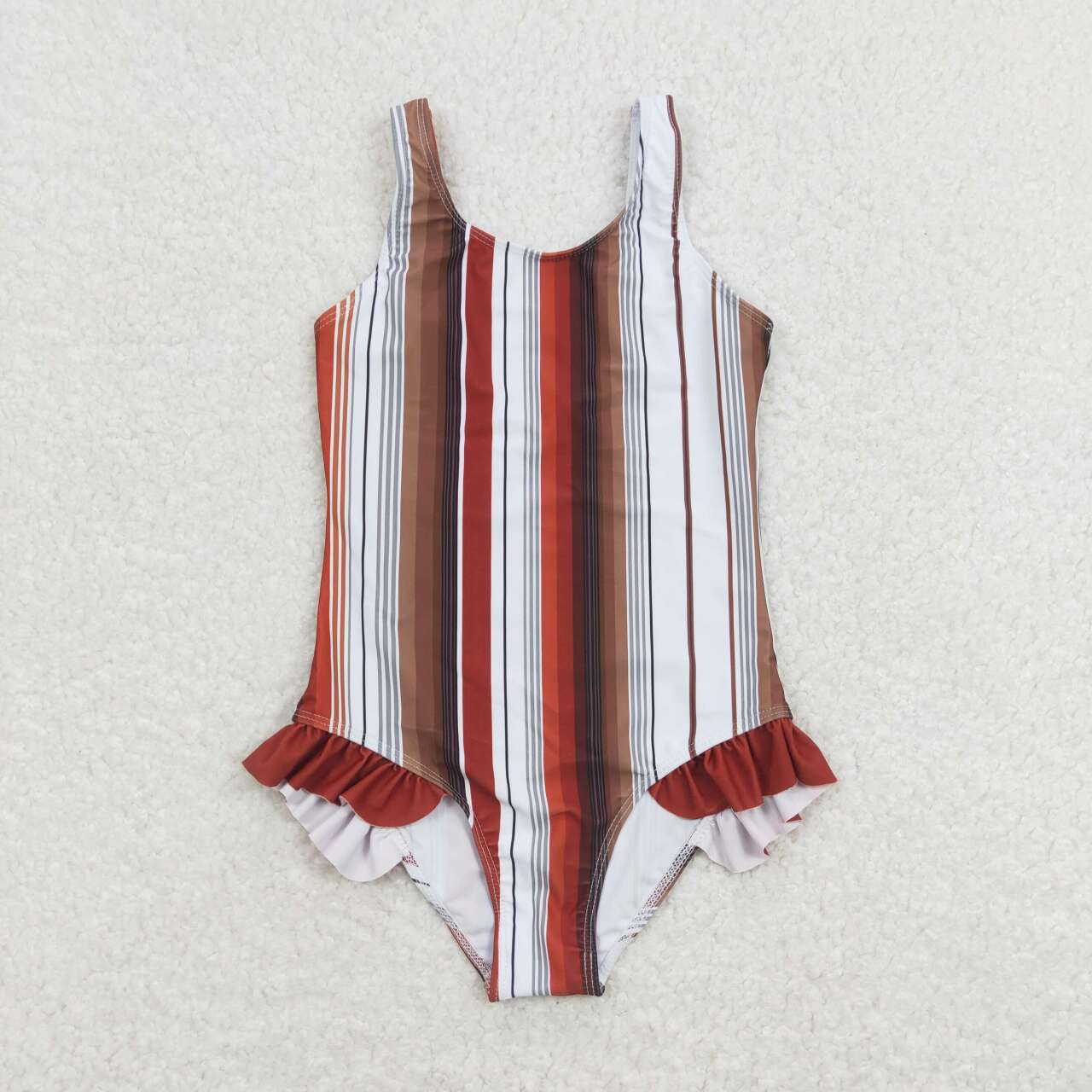 S0238 Brown Stripes Print 1 Piece Girls Swimsuits