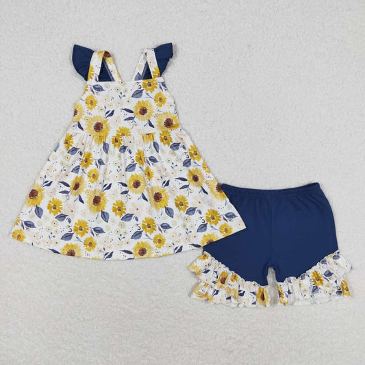 GSSO1006  Sunflowers Top Ruffle Shorts Girls Summer Clothes Set