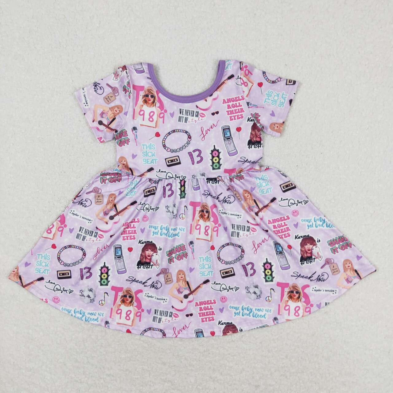 GSD1167 Purple Singer Swiftie Print Girls Knee Length Summer Dress