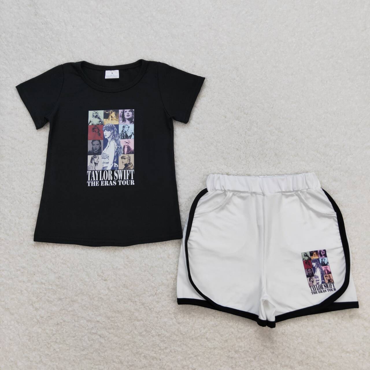 GSSO0885 Singer Swiftie Vinyl Black Top White Shorts Girls Summer Clothes Set