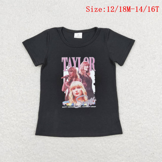 GT0572  Singer Swiftie Black Vinyl Girls Summer Tee Shirts Top