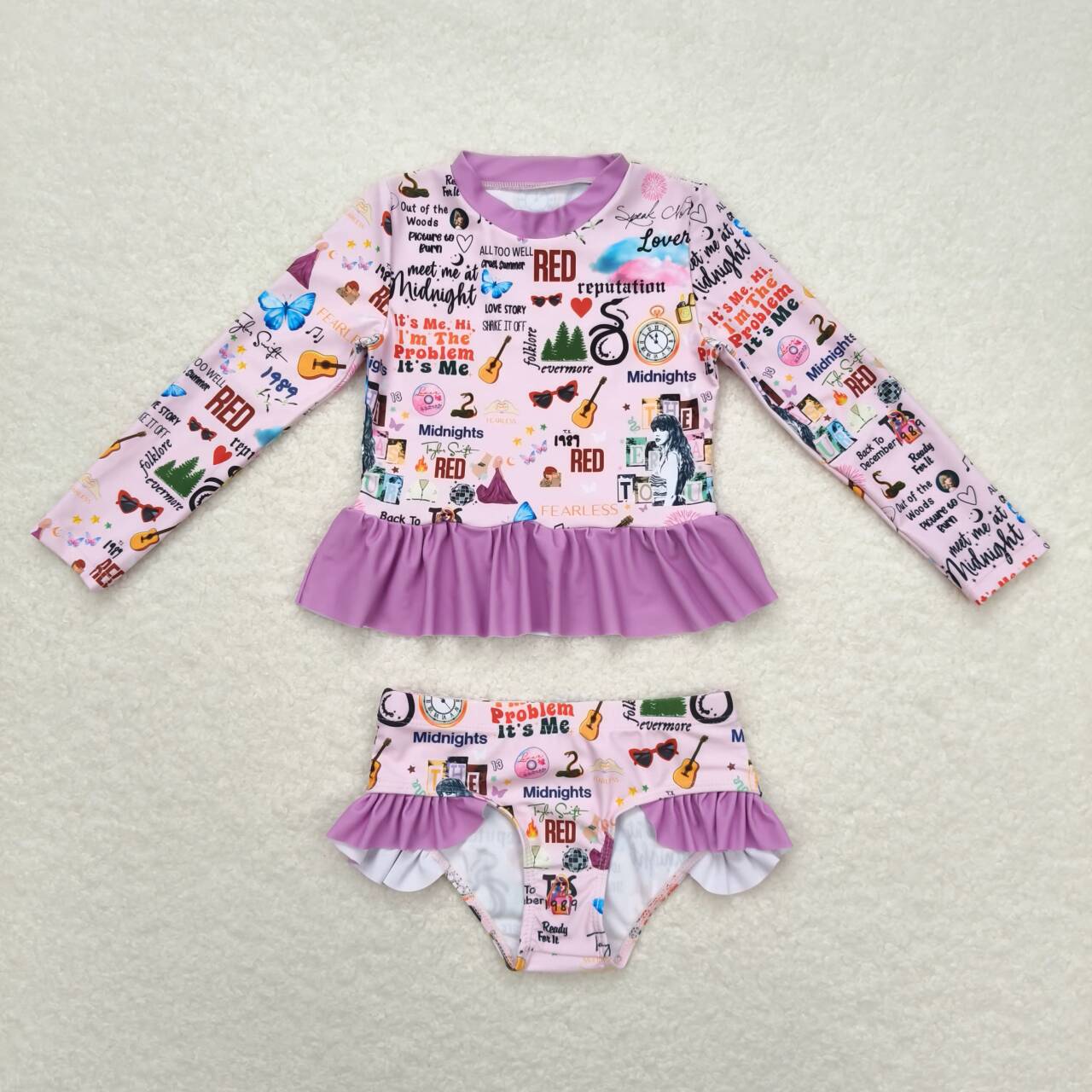 S0292 Singer Swiftie Purple Print Girls Long Sleeve 2 Pieces Swimsuits