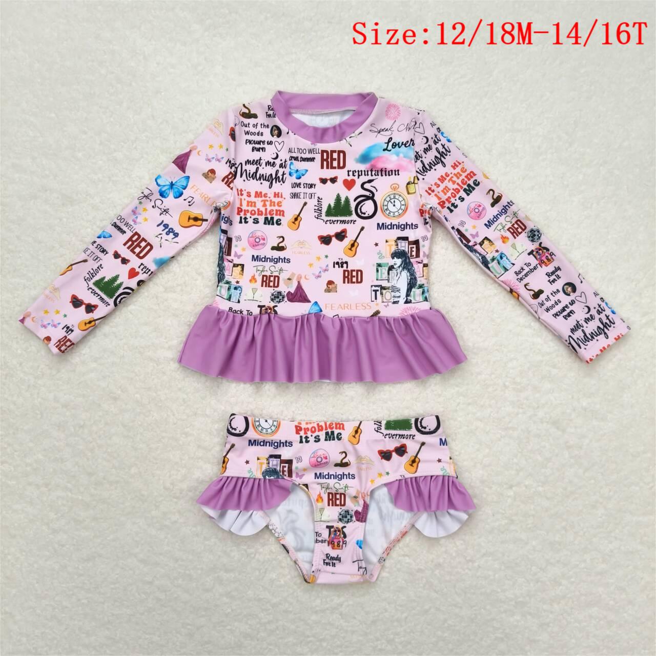 S0292 Singer Swiftie Purple Print Girls Long Sleeve 2 Pieces Swimsuits