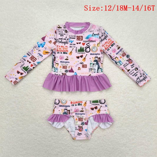 S0292 Singer Swiftie Purple Print Girls Long Sleeve 2 Pieces Swimsuits