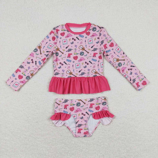 S0293 Girls Singer Swiftie Print Long Sleeve 2 Pieces Swimsuits