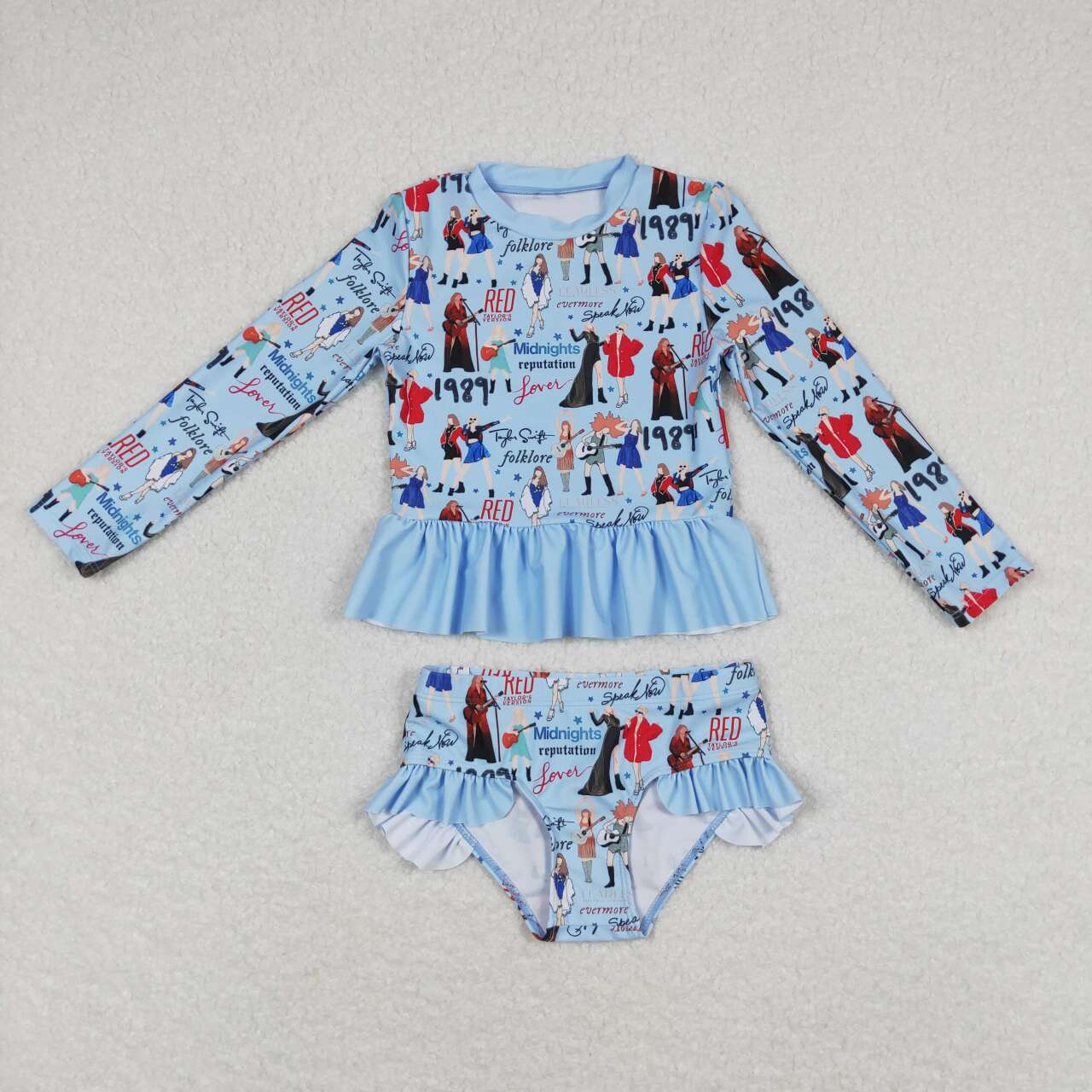 S0295 Blue Singer Swiftie Print Girls 2 Pieces Long Sleeve Swimsuits