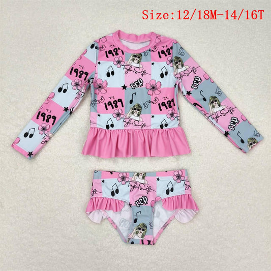 S0348 Singer Swiftie Flowers Print Girls 2 Pieces Long Sleeve Swimsuits