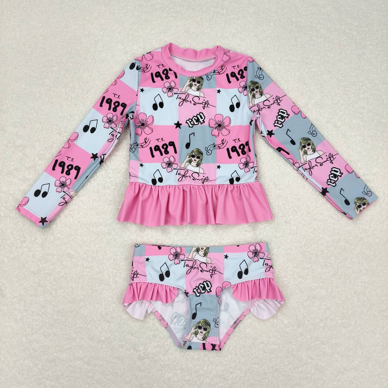 S0348 Singer Swiftie Flowers Print Girls 2 Pieces Long Sleeve Swimsuits