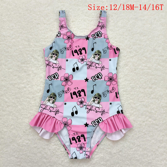 S0349 Singer Swiftie Flowers Print Girls 1 Piece Swimsuits