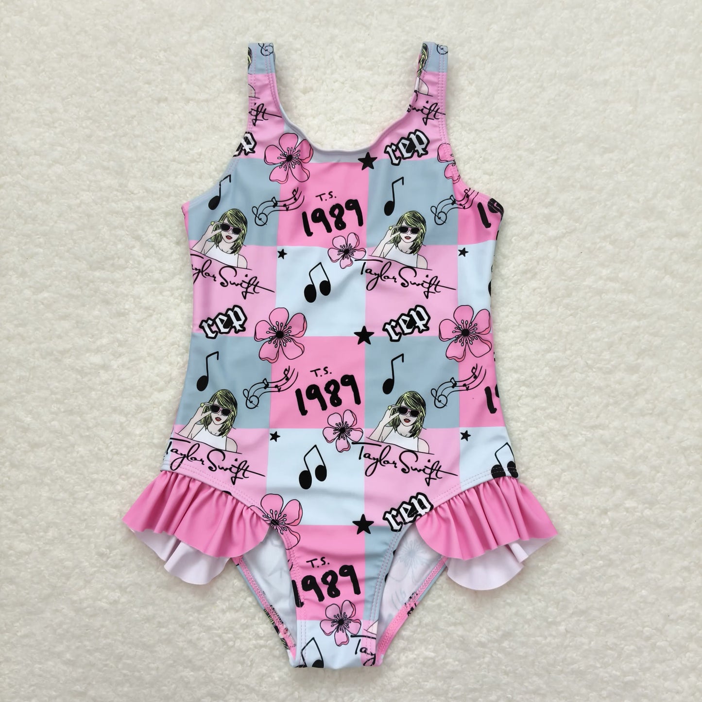 S0349 Singer Swiftie Flowers Print Girls 1 Piece Swimsuits