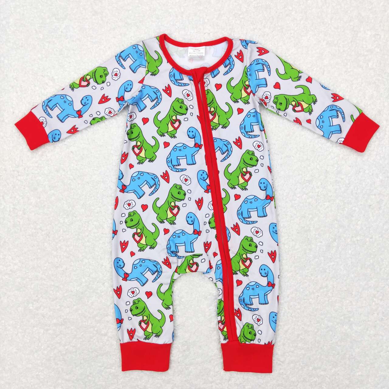 LR0831 Dino Heart Print Baby Boys Sleeper Zipper Valentine's Romper