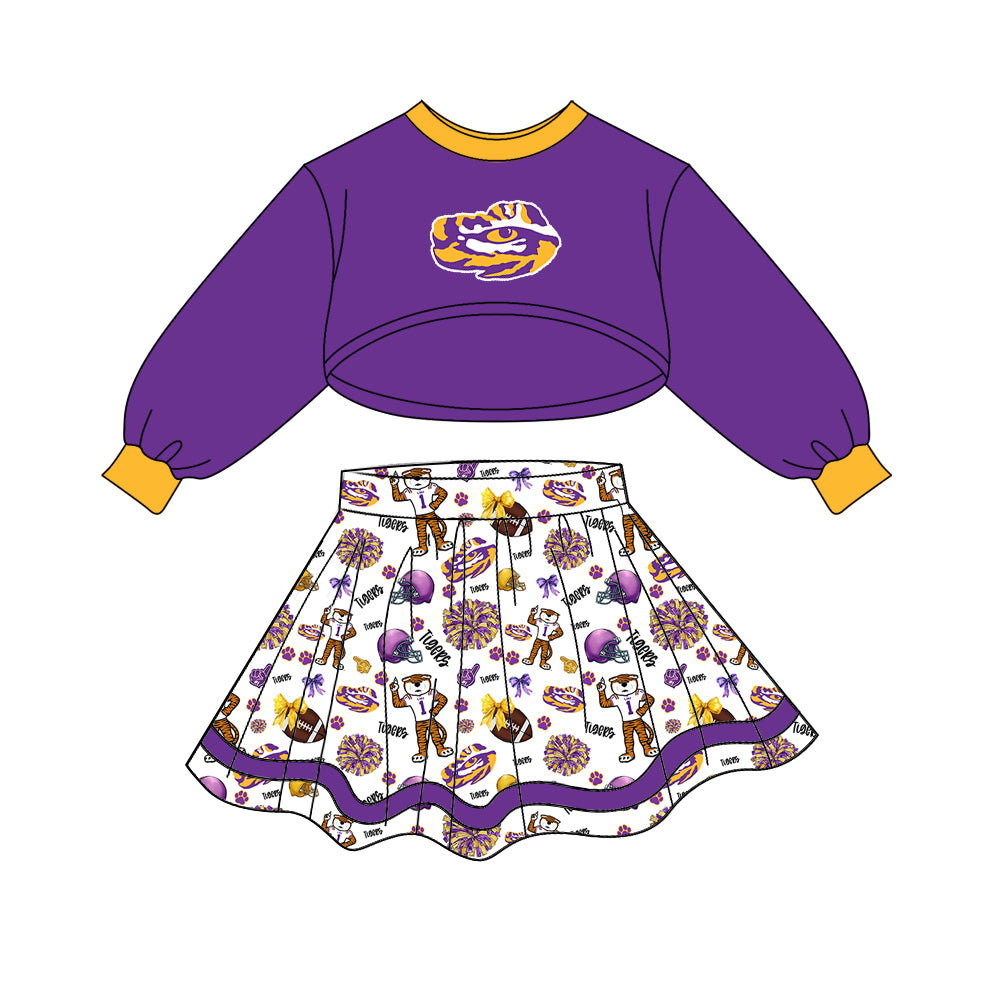 (Custom Design Preorder MOQ 5) Team's Louisiana Tigers Long Sleeve Top Skirts Girls Clothes Set