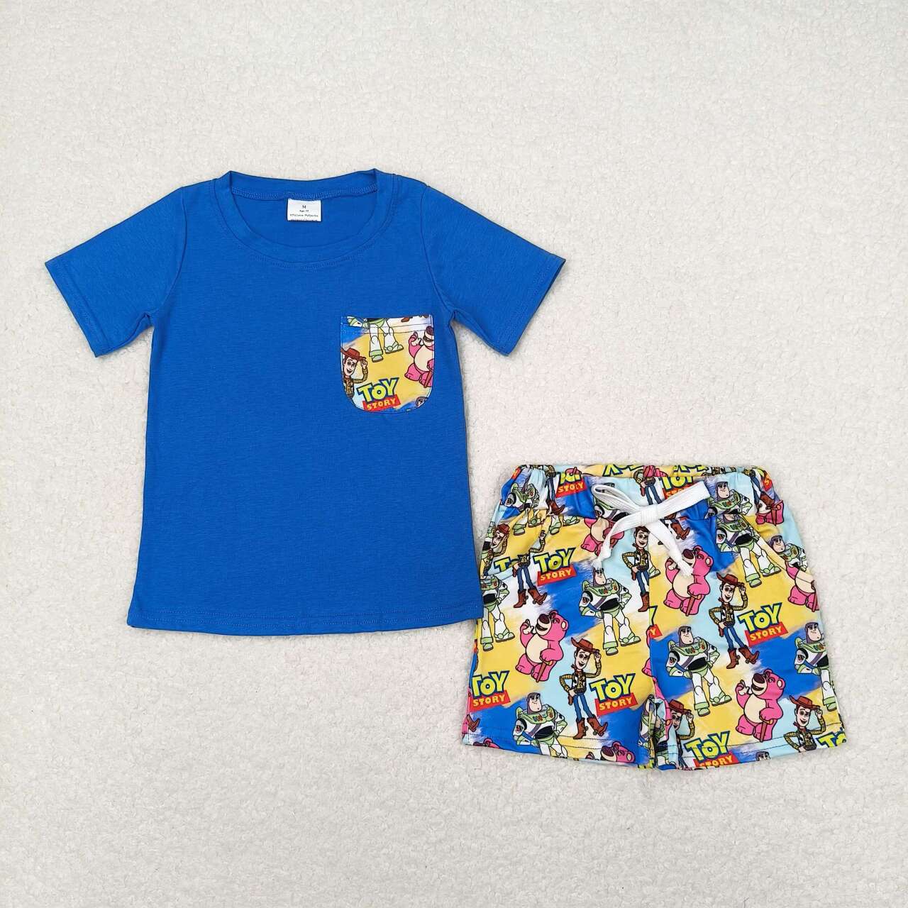 BSSO0833 Blue Pocket Top Cartoon Toys Shorts Boys Summer Clothes Set