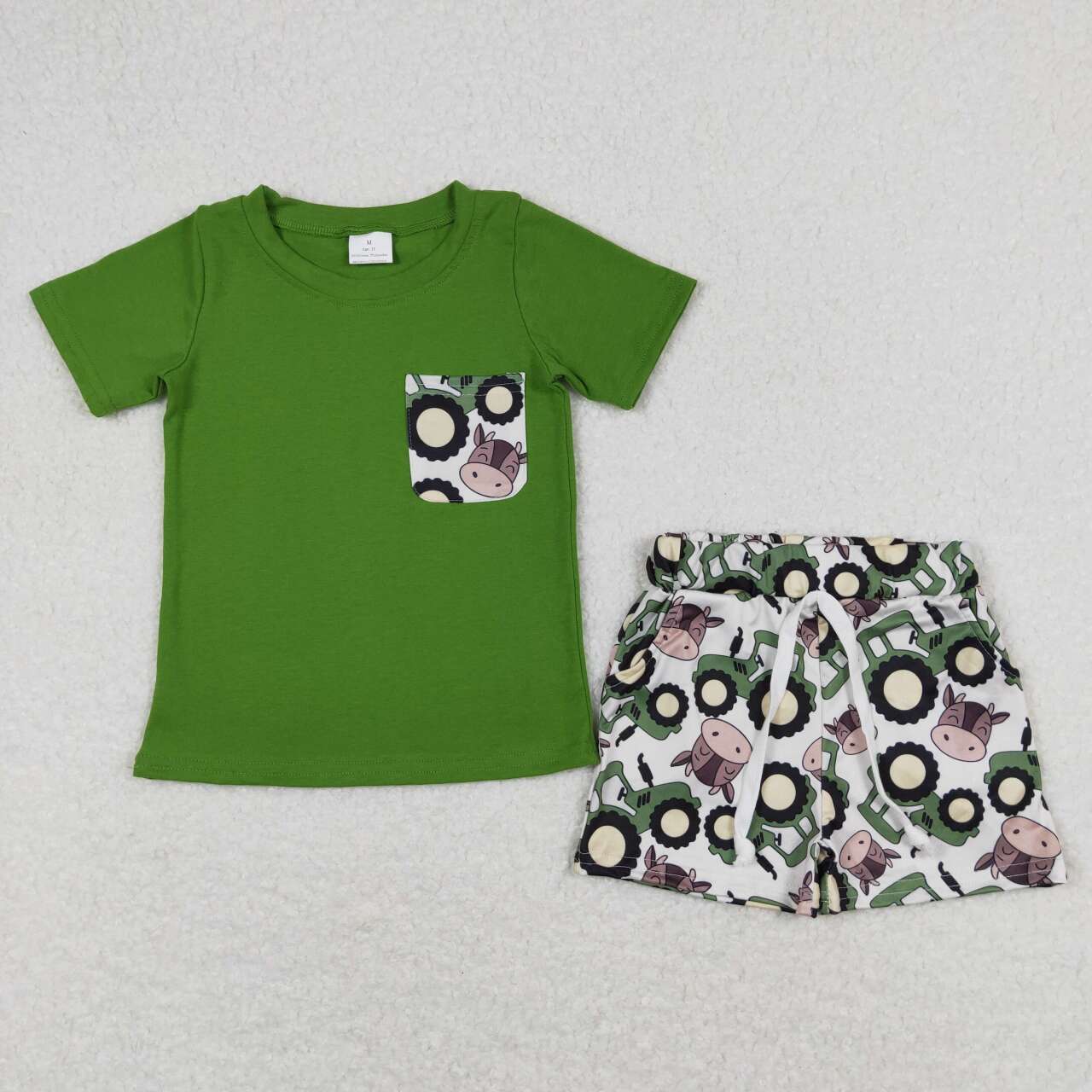 BSSO0703 Green Pocket Top Cow Tractors Shorts Boys Summer Clothes Set
