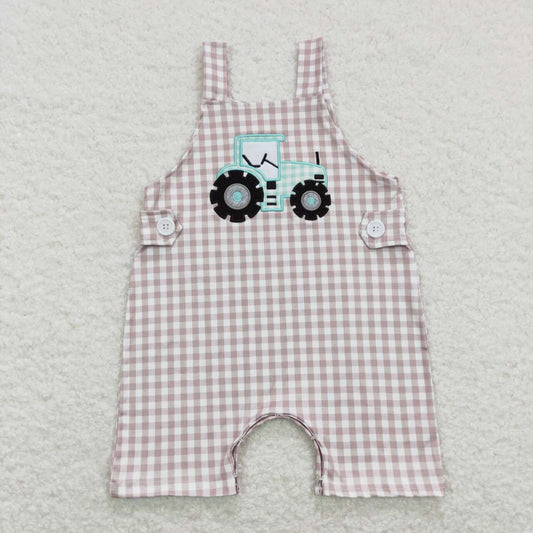SR0631  Tractors Embroidery Khaki Plaid Print Baby Boys Summer Romper