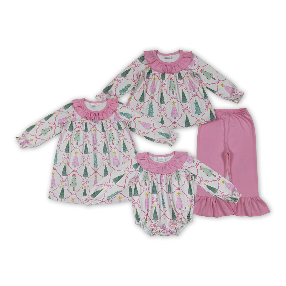 Tree Bows Print Girls Christmas Clothes Sisters Matching Wear