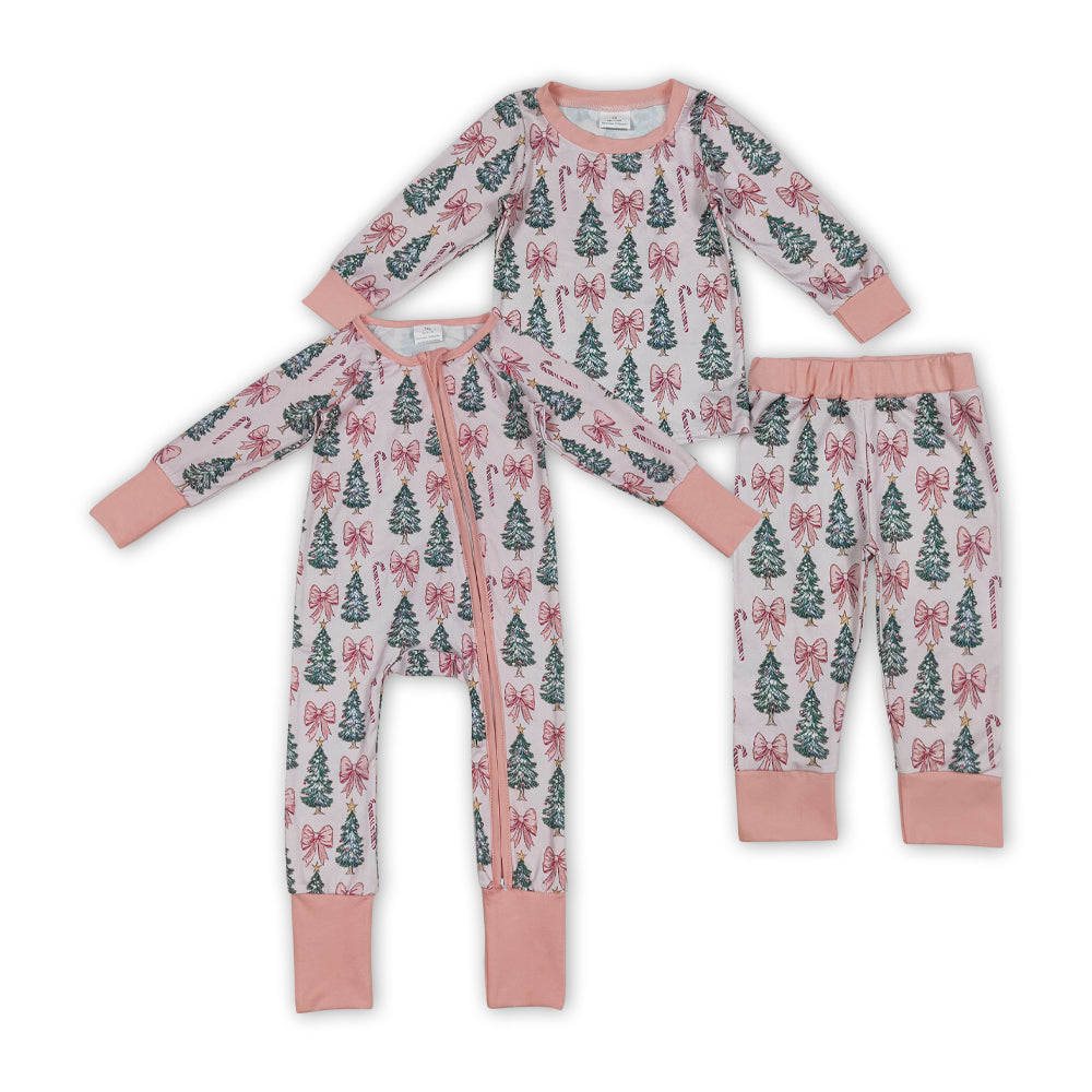 Tree Bows Pink Print Girls Christmas Pajamas Matching Clothes