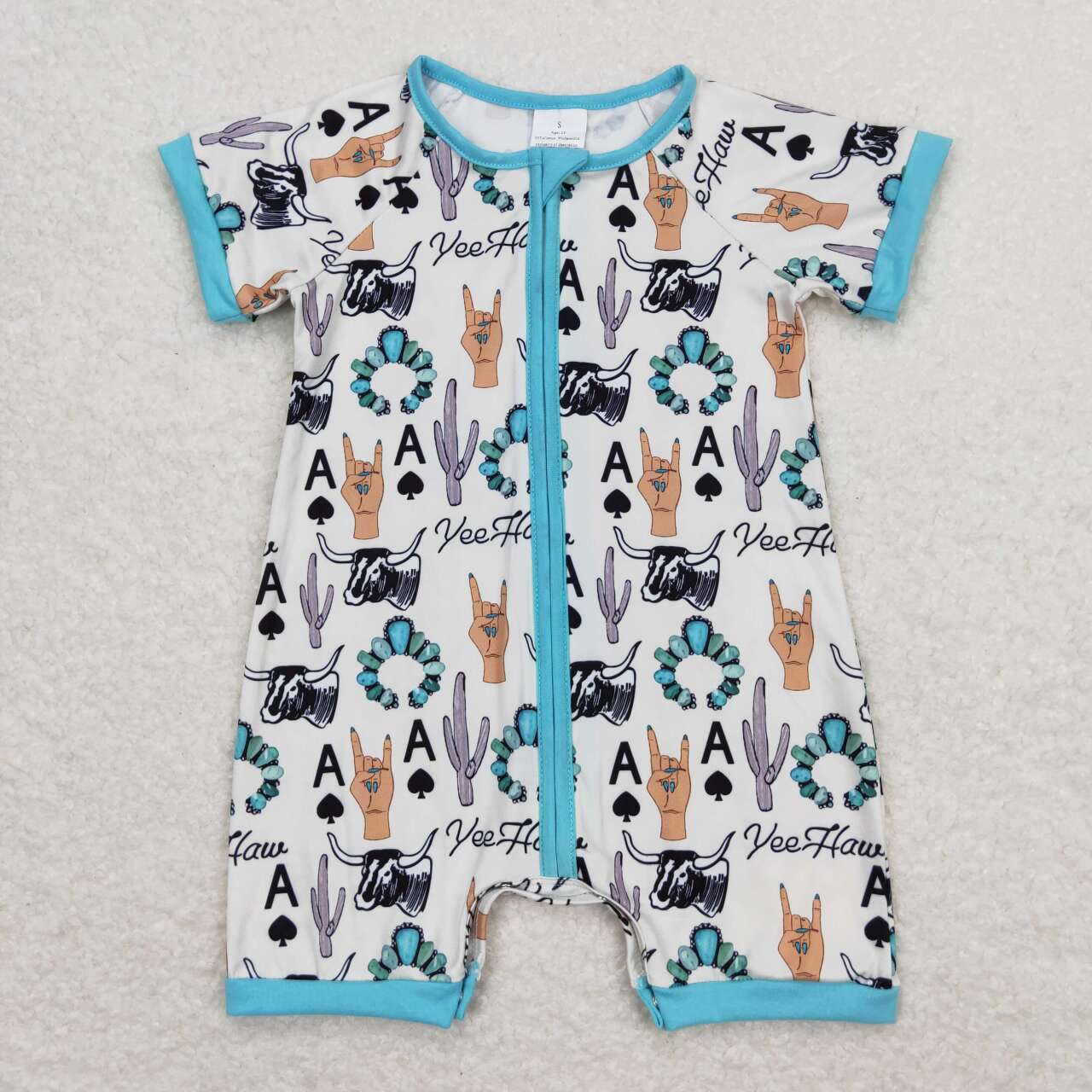 SR1200 Turquoise Cows Print Baby Summer Western Zipper Romper