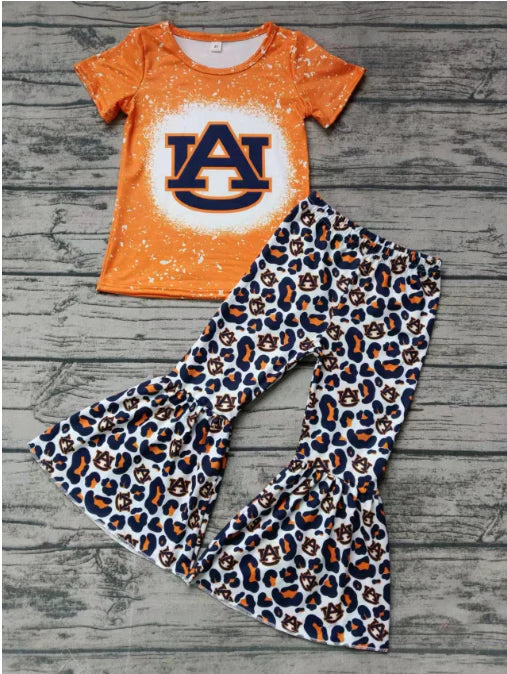 (Custom Design Preorder MOQ 5) Team's Auburn Print Leopard Bell Pants Girls Clothes Set