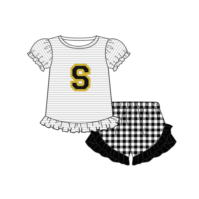 (Custom Design Preorder MOQ 5) Team's S WILDCATS Stripes Top Black Plaid Shorts Girls Summer Clothes Set