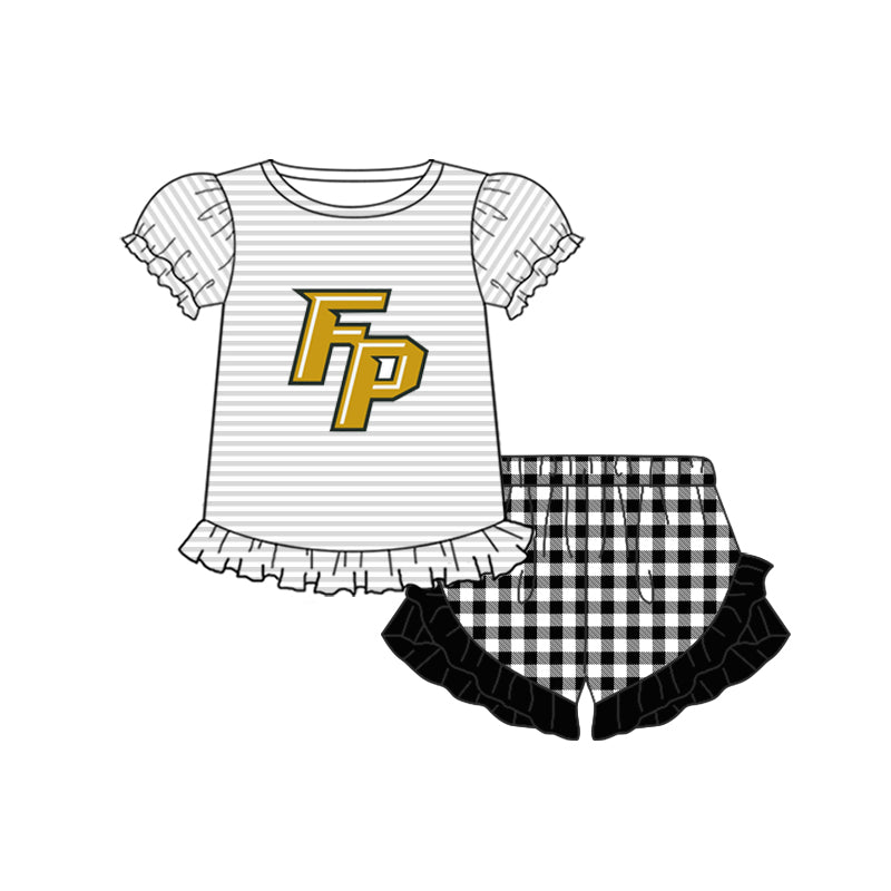 (Custom Design Preorder MOQ 5) Team's FP WILDCATS Stripes Top Black Plaid Shorts Girls Summer Clothes Set