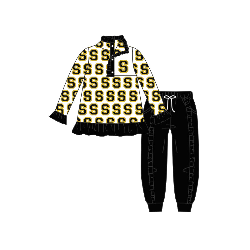 (Custom Design Preorder MOQ 5) Team's S WILDCATS Print Pullover Top Black Pockets Pants Girls Fall Clothes Set