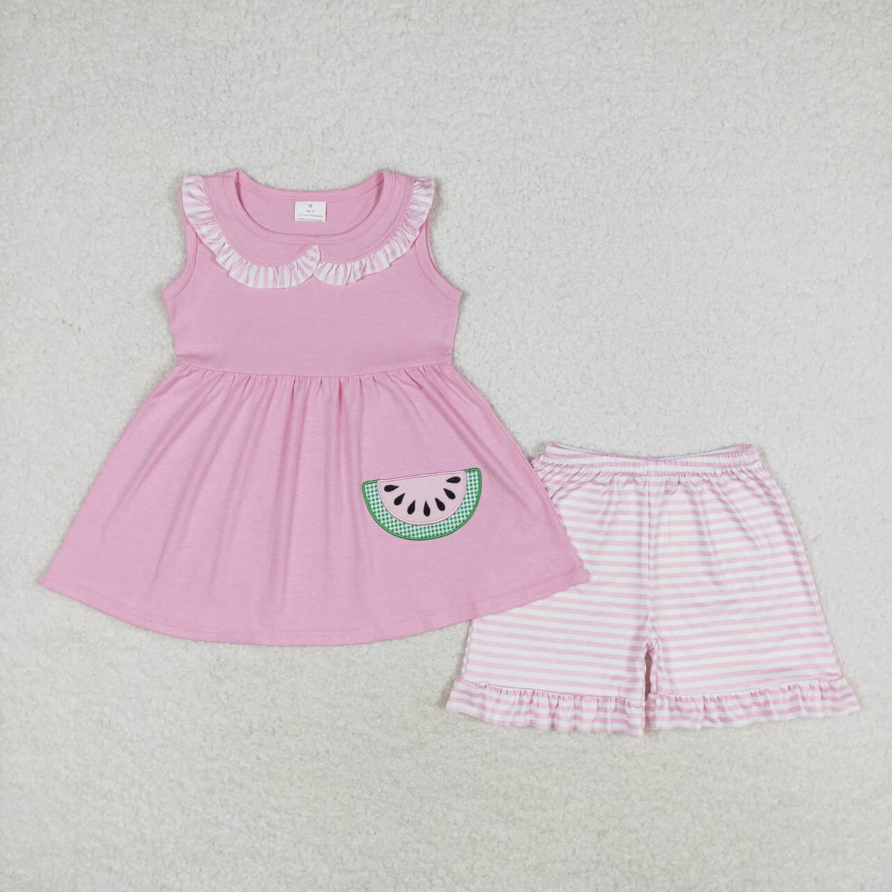 GSSO1055 Pink Watermelon Embroidery Tunic Top Stripes Shorts Girls Summer Clothes Set