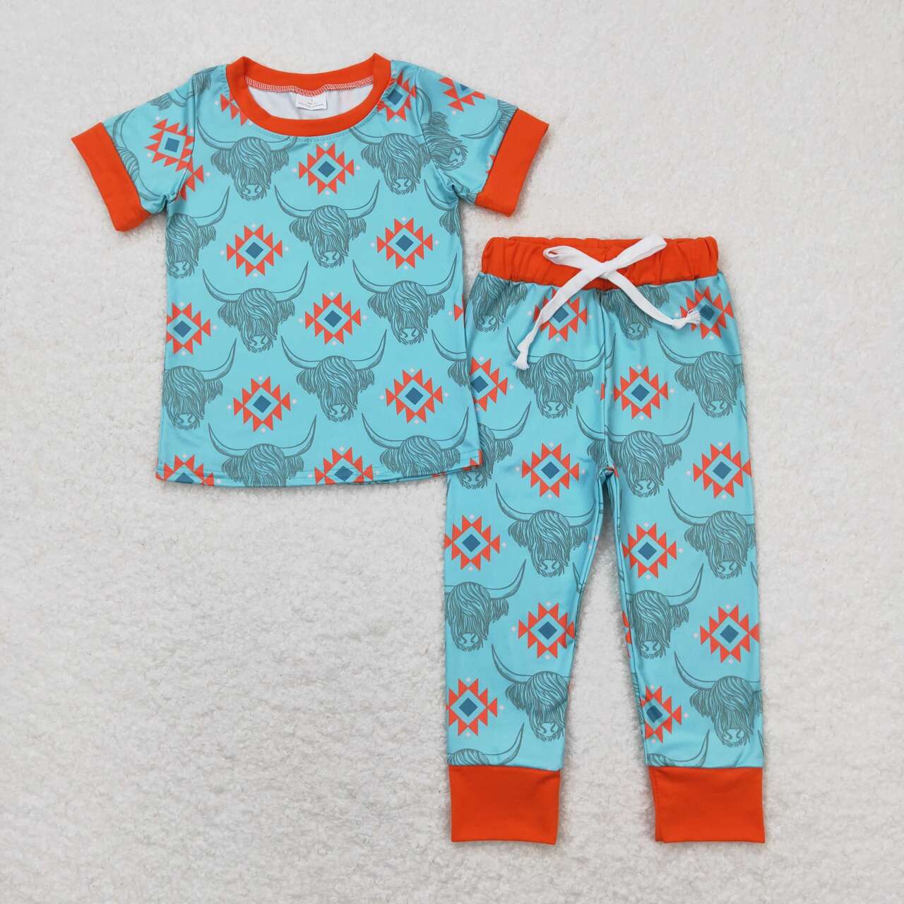 BSPO0328 Highland Cow Aztec Print Boys Western Pajamas Clothes Set