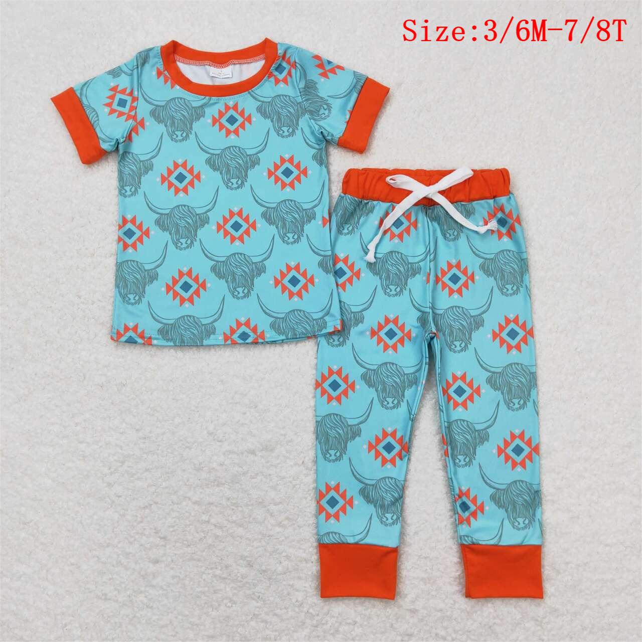 BSPO0328 Highland Cow Aztec Print Boys Western Pajamas Clothes Set