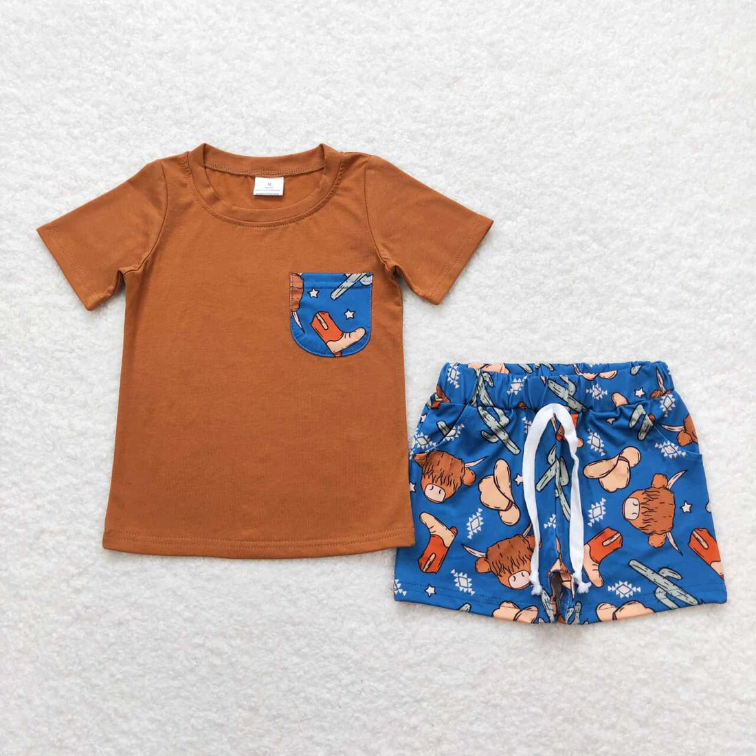 Highland Cow Cactus Print Shorts Boys Summer Clothes Set Brothers Wear