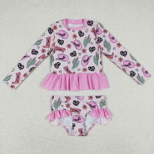 S0262 Pink Hat Boots Cactus Western Print Girls 2 Pieces Long Sleeve Swimsuits